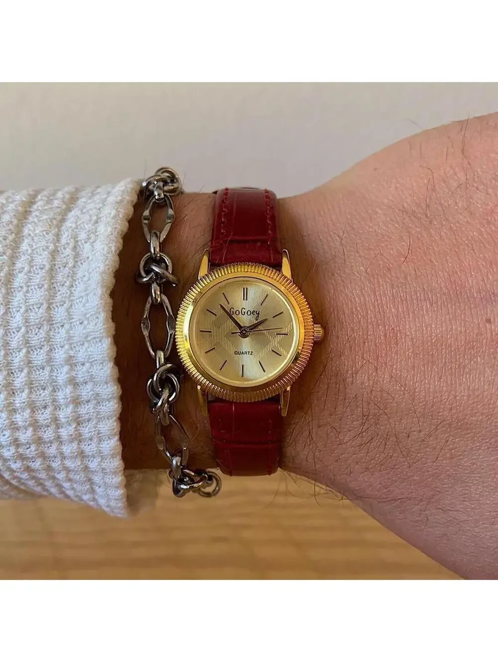 Y2K Minimalist Burgundy Red Dainty Leather Watch 8 Inch Unisex